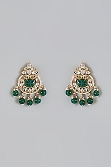 Gold Plated Kundan Polki & Green Beaded Dangler Earrings