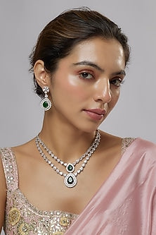 White Finish Cubic Zirconia & Green Stone Layered Necklace Set