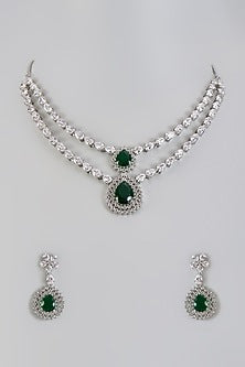 White Finish Cubic Zirconia & Green Stone Layered Necklace Set