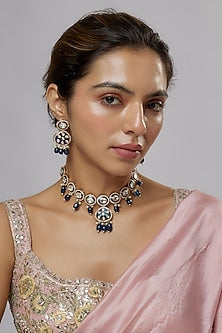 Gold Plated Kundan Polki & Blue Beaded Meenakari Necklace Set
