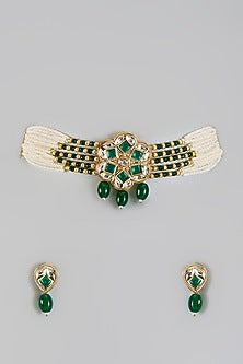 Gold Plated Kundan Polki & Emerald Beaded Choker Necklace Set