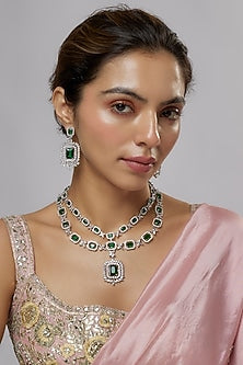 White Gold Finish Cubic Zirconia & Green Stone Layered Necklace Set