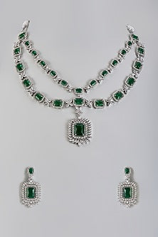 White Gold Finish Cubic Zirconia & Green Stone Layered Necklace Set