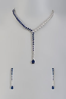 White Gold Finish Cubic Zirconia & Blue Stone Necklace Set