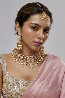 Gold Plated Kundan Polki & Pearl Necklace Set