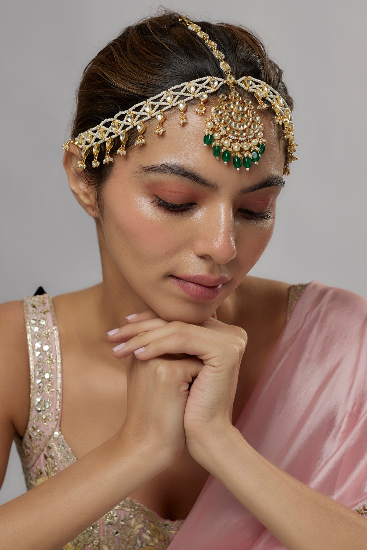 Gold Plated Kundan Polki & Green Beaded Mathapatti