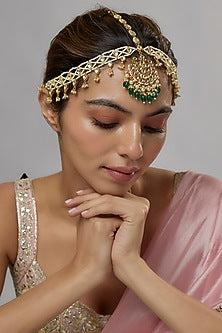Gold Plated Kundan Polki & Green Beaded Mathapatti