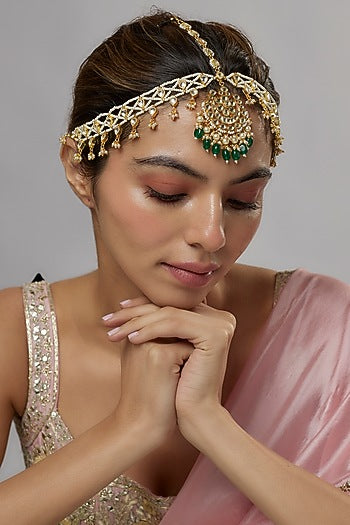 Gold Plated Kundan Polki & Green Beaded Mathapatti