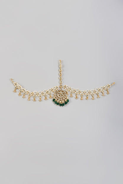 Gold Plated Kundan Polki & Green Beaded Mathapatti