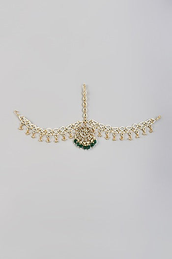 Gold Plated Kundan Polki & Green Beaded Mathapatti
