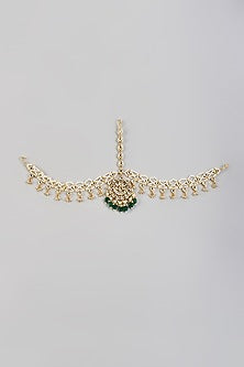 Gold Plated Kundan Polki & Green Beaded Mathapatti