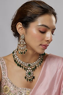 Two-Tone Finish Kundan Polki & Green Beaded Necklace Set