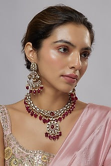 Two-Tone Finish Kundan Polki & Red Beaded Necklace Set