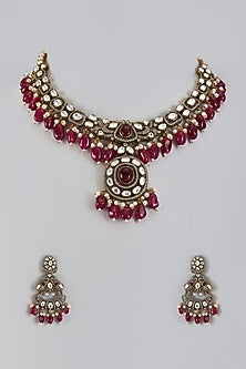 Two-Tone Finish Kundan Polki & Red Beaded Necklace Set