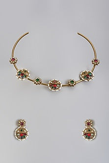 Gold Plated Kundan Polki & Multi-Colored Stone Necklace Set