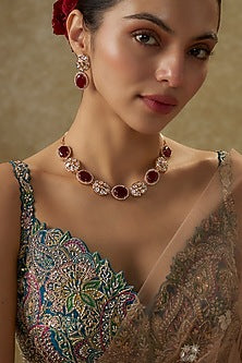 Gold Plated Kundan Polki & Ruby Stone Necklace Set