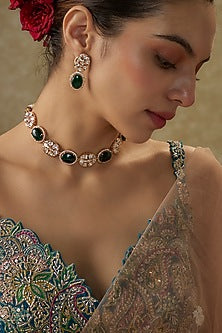Gold Plated Kundan Polki & Emerald Stone Necklace Set