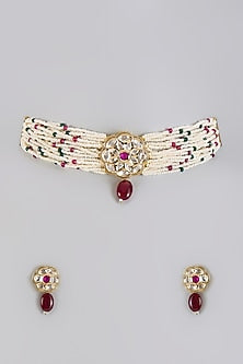 Gold Plated Kundan Polki & Emerald Beaded Choker Necklace Set