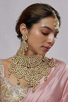 Gold Plated Kundan Polki & Green Beaded Necklace Set