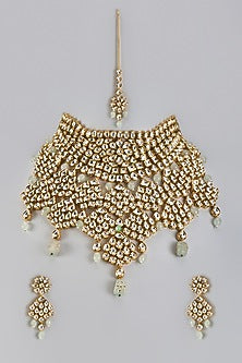 Gold Plated Kundan Polki & Green Beaded Necklace Set