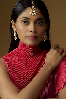 Gold Plated Kundan Polki & Pearl Maangtikka With Earrings