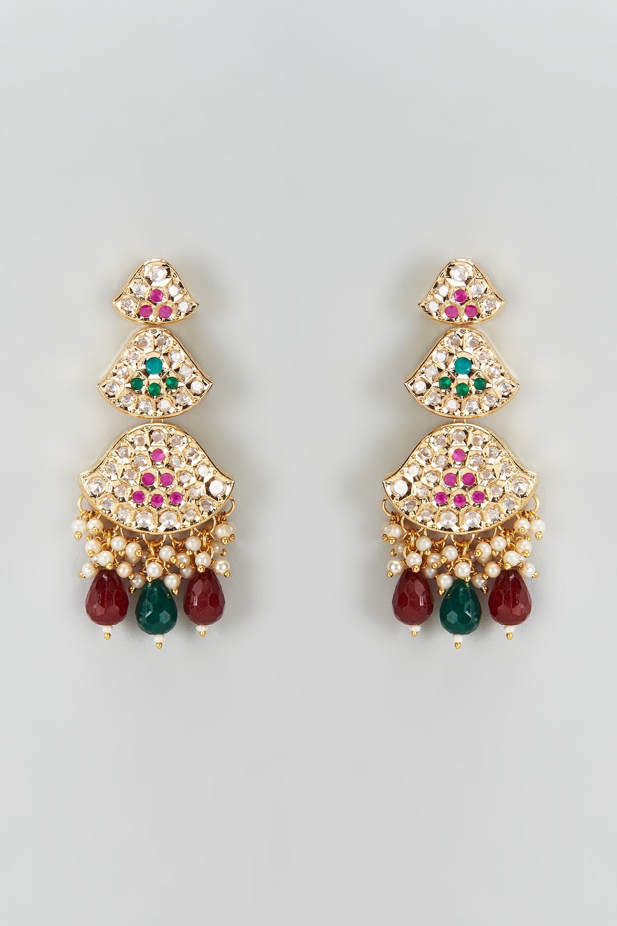 Gold Plated Kundan Polki & Beaded Dangler Earrings