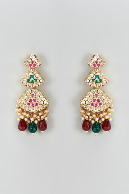 Gold Plated Kundan Polki & Beaded Dangler Earrings