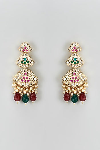 Gold Plated Kundan Polki & Beaded Dangler Earrings