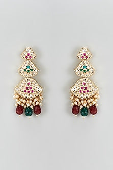 Gold Plated Kundan Polki & Beaded Dangler Earrings