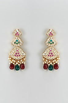 Gold Plated Kundan Polki & Beaded Dangler Earrings