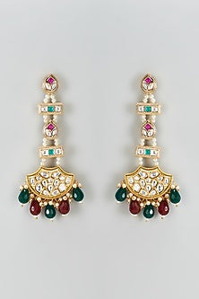 Gold Plated Kundan Polki & Beaded Dangler Earrings