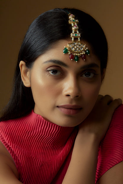 Gold Plated Kundan Polki & Stone Maangtikka