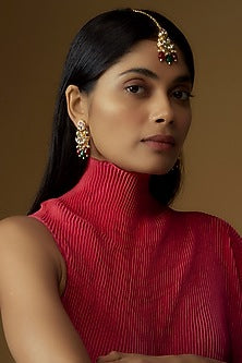 Gold Plated Kundan Polki & Pearl Maang Tikka With Earrings