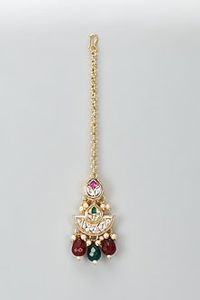 Gold Plated Kundan Polki & Pearl Maang Tikka With Earrings