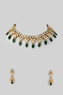 Gold Plated Kundan Polki & Green Natural Stone Necklace Set