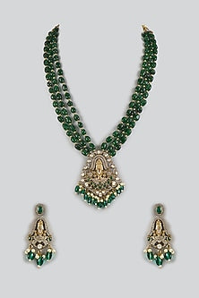 Two-Tone Finish Pearl & Green Beaded Layered Necklace Set
