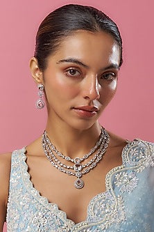 White Gold Finish Cubic Zirconia Layered Necklace Set