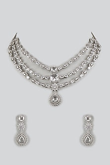 White Gold Finish Cubic Zirconia Layered Necklace Set
