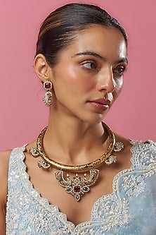Gold Plated Kundan Polki & Multi-Colored Stone Hasli Necklace Set
