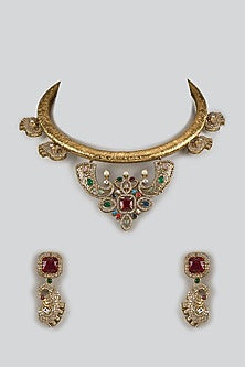 Gold Plated Kundan Polki & Multi-Colored Stone Hasli Necklace Set
