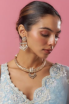 Gold Plated Kundan Polki & Pearl Hasli Necklace Set