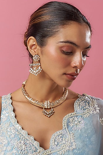 Gold Plated Kundan Polki & Pearl Hasli Necklace Set