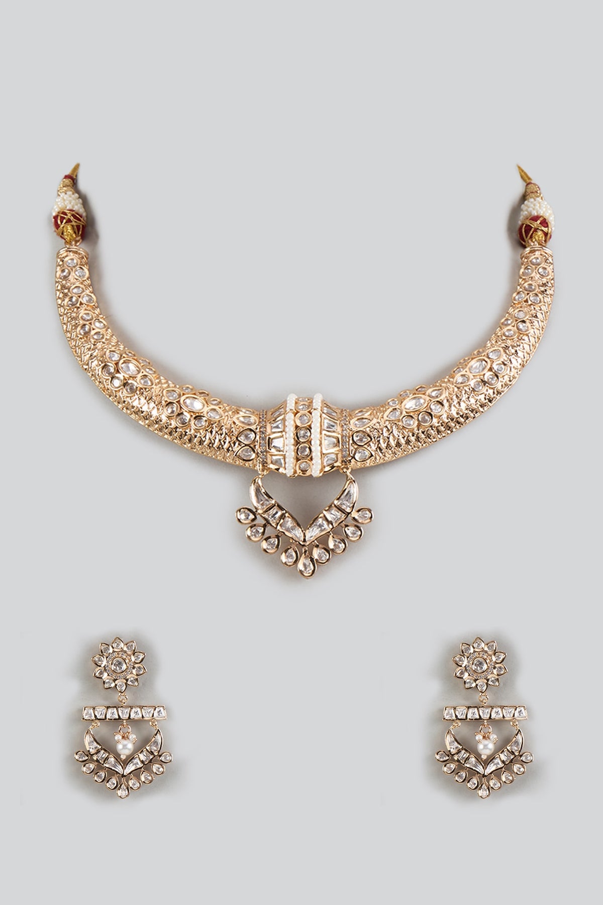 Gold Plated Kundan Polki & Pearl Hasli Necklace Set