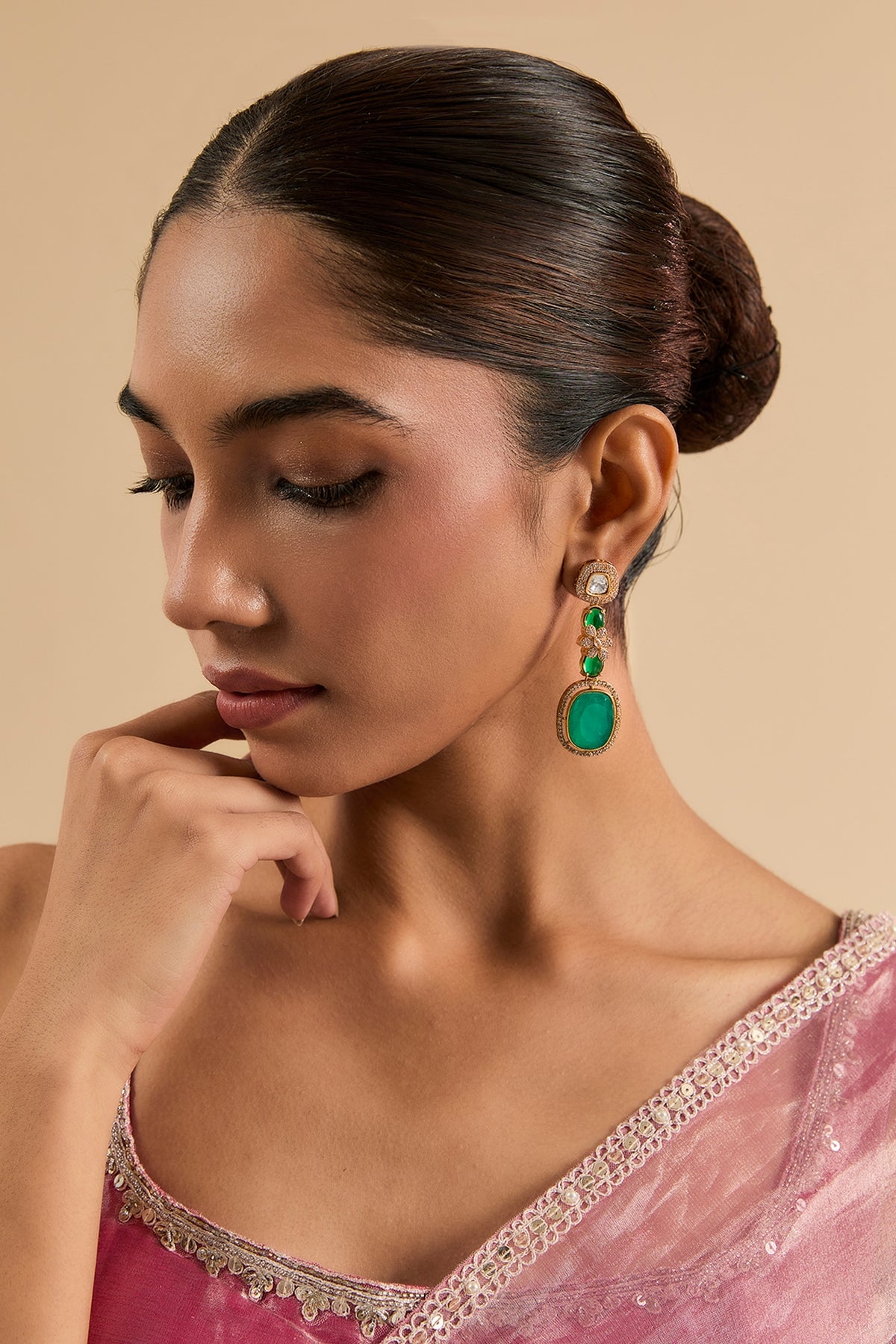 Gold Plated Green Stone & Kundan Polki Dangler Earrings