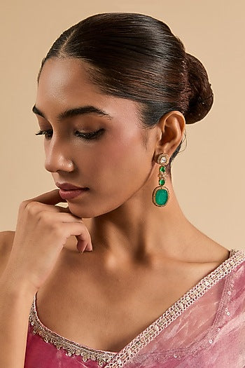 Gold Plated Green Stone & Kundan Polki Dangler Earrings