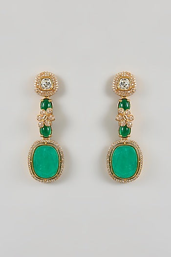 Gold Plated Green Stone & Kundan Polki Dangler Earrings