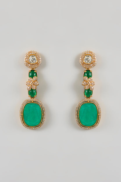 Gold Plated Green Stone & Kundan Polki Dangler Earrings