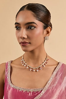 Gold Plated Ruby Beaded & Kundan Polki Necklace Set