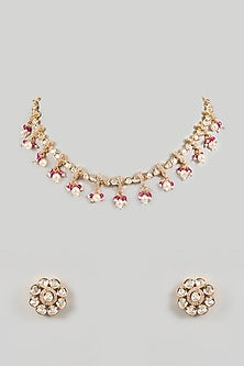 Gold Plated Ruby Beaded & Kundan Polki Necklace Set