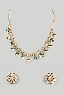 Gold Plated Emerald Bead & Kundan Polki Necklace Set